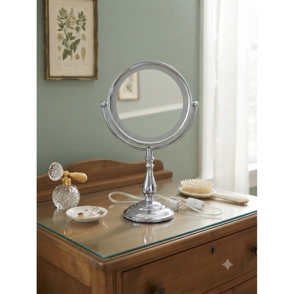 Chrome Lighted Vanity Mirror New Pedestal Makeup Mirror Classic 10x Magnifying